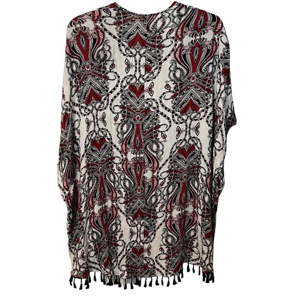 VIZIO USA OPEN FRONT COVER-UP, WOMENS, M, WHITE RED BLACK PAISLEY, LACE FRINGE - Picture 4 of 8